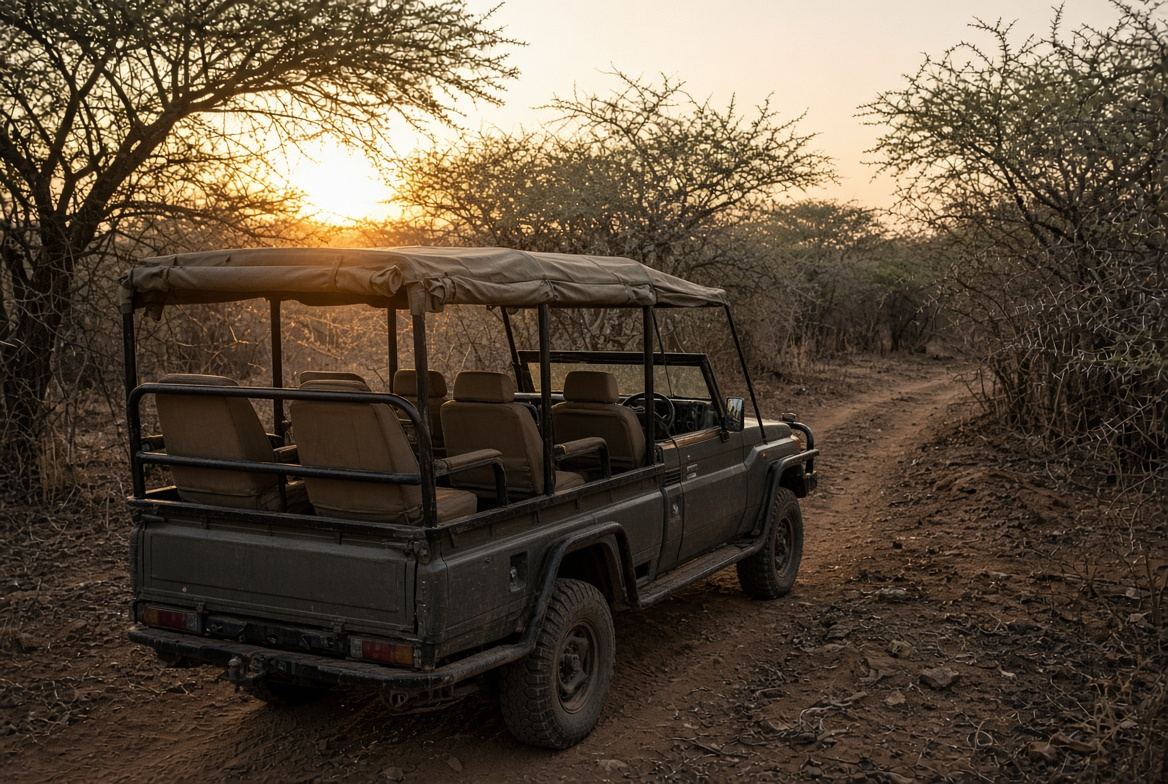 Safari vehicle at sunrise