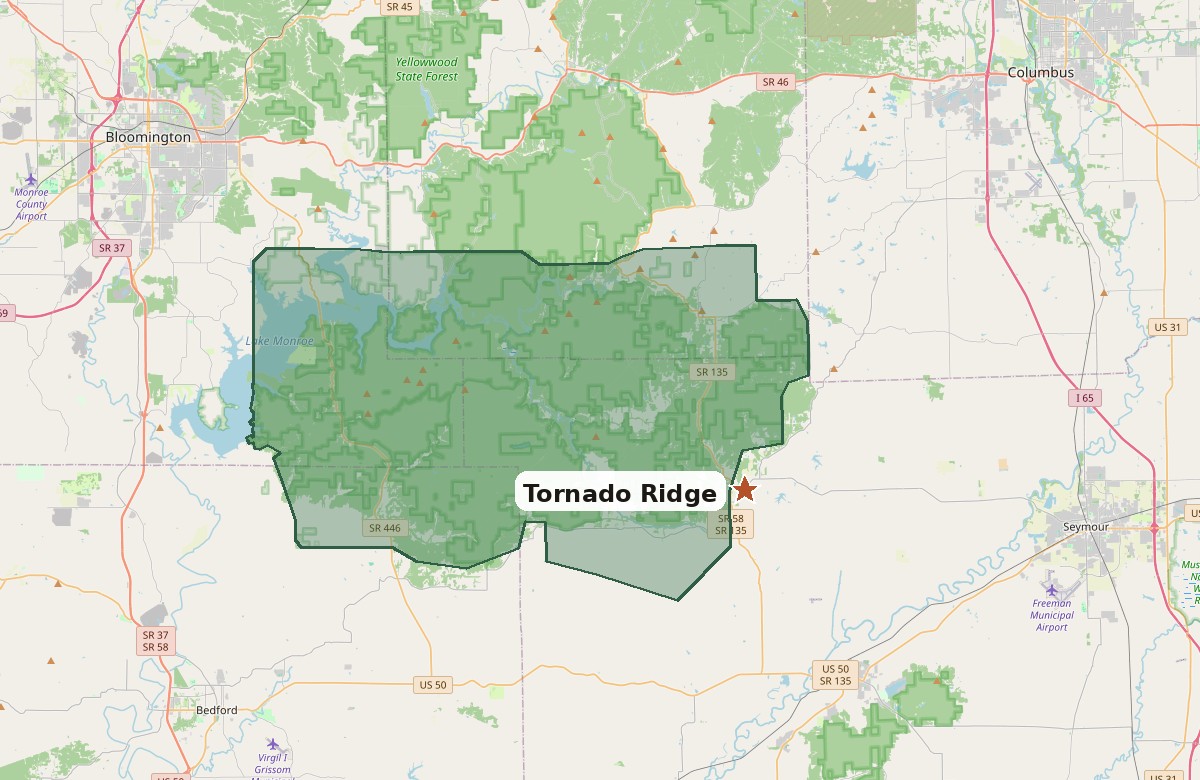 Northern Hoosier National Forest with Tornado Ridge marked near Freetown