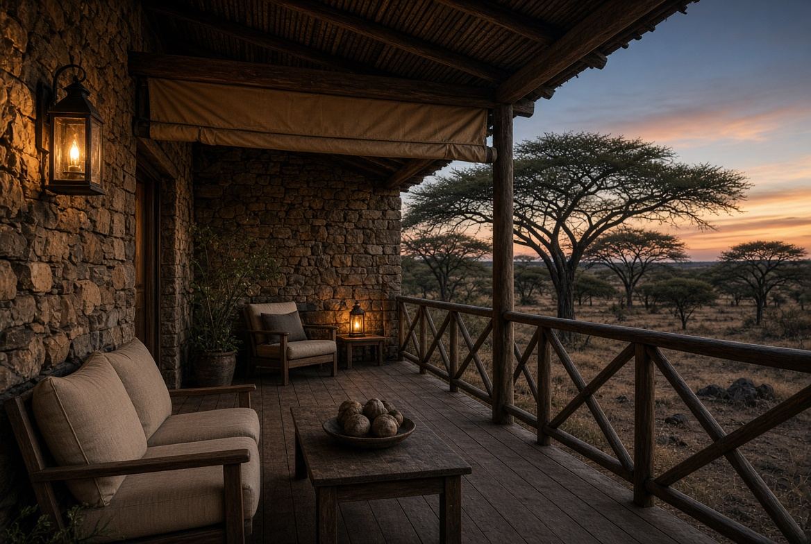 Stone lodge veranda at dusk overlooking thorn trees